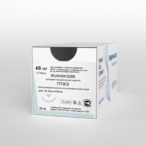 ПТФЭ (PTFE) - USP 4/0 длина нити 45 см, игла 0,38 обратнорежущая 3/8, длина 16 мм